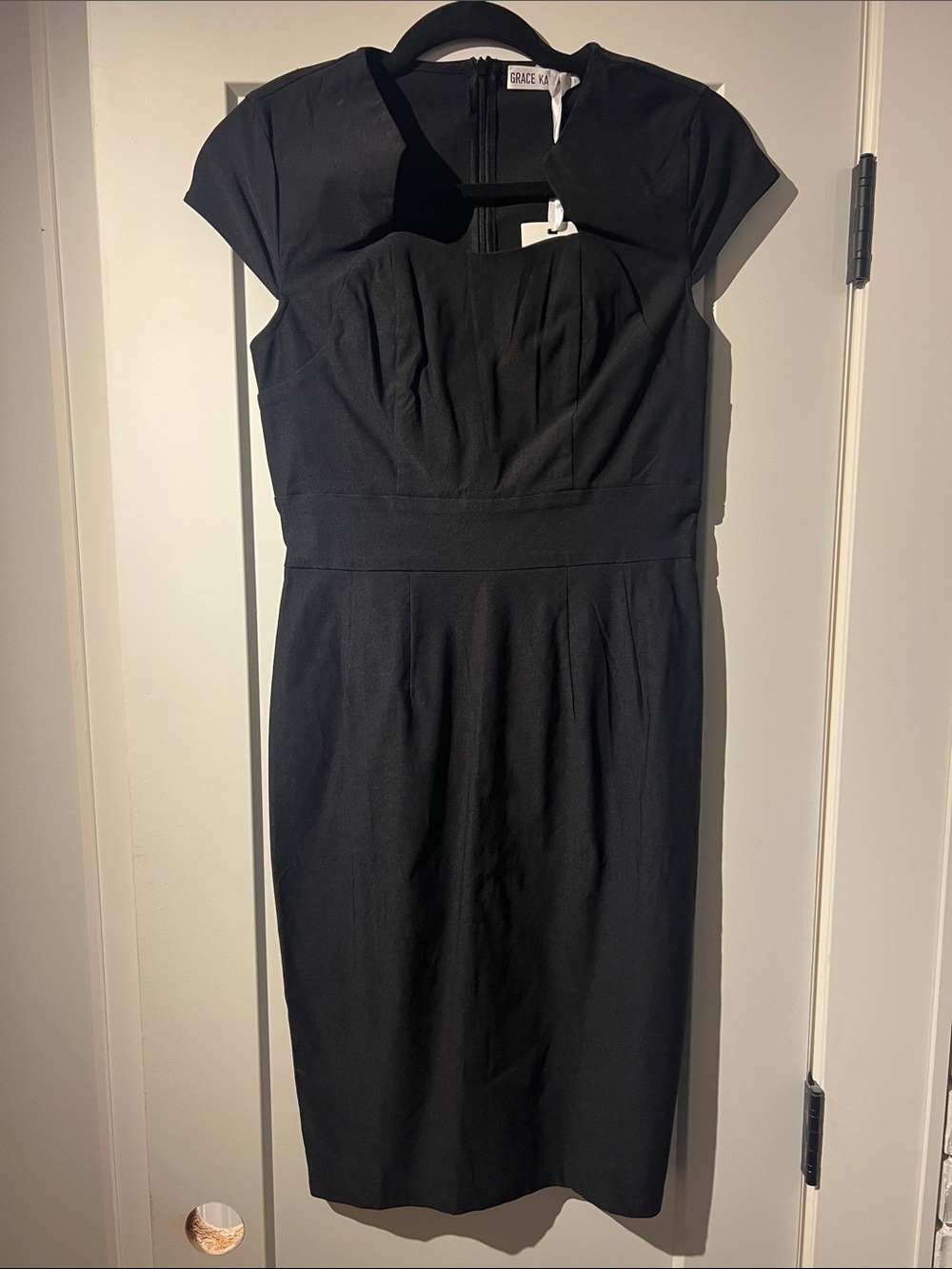 Grace Black Cap-Sleeve Midi Sheath Dress